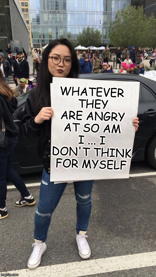 Protestors don't think for themselves | WHATEVER THEY ARE ANGRY AT SO AM I ... I DON'T THINK FOR MYSELF | image tagged in protestor | made w/ Imgflip meme maker