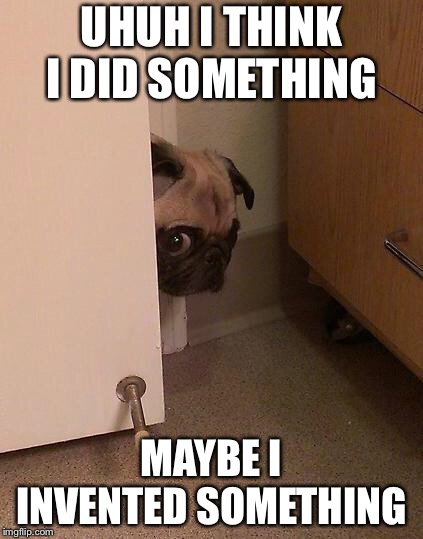 Guilty Pug | UHUH I THINK I DID SOMETHING; MAYBE I INVENTED SOMETHING | image tagged in guilty pug | made w/ Imgflip meme maker