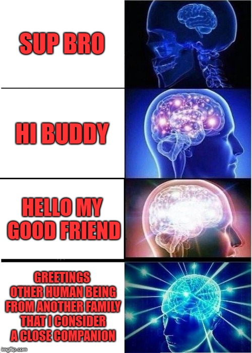 Expanding Brain Meme | SUP BRO; HI BUDDY; HELLO MY GOOD FRIEND; GREETINGS OTHER HUMAN BEING FROM ANOTHER FAMILY THAT I CONSIDER A CLOSE COMPANION | image tagged in memes,expanding brain | made w/ Imgflip meme maker