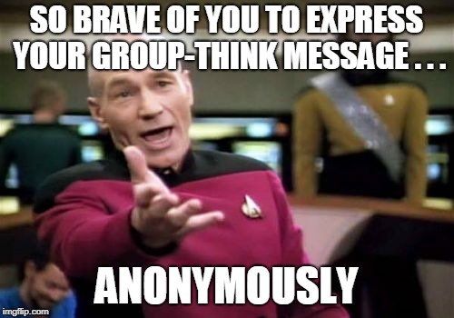 Picard Wtf Meme | SO BRAVE OF YOU TO EXPRESS YOUR GROUP-THINK MESSAGE . . . ANONYMOUSLY | image tagged in memes,picard wtf | made w/ Imgflip meme maker