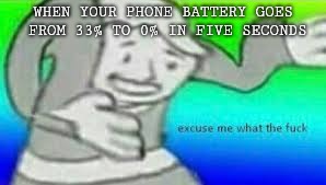 Battery issues... | WHEN YOUR PHONE BATTERY GOES FROM 33% TO 0% IN FIVE SECONDS | image tagged in excuse me what the fuck,technology,batteries | made w/ Imgflip meme maker