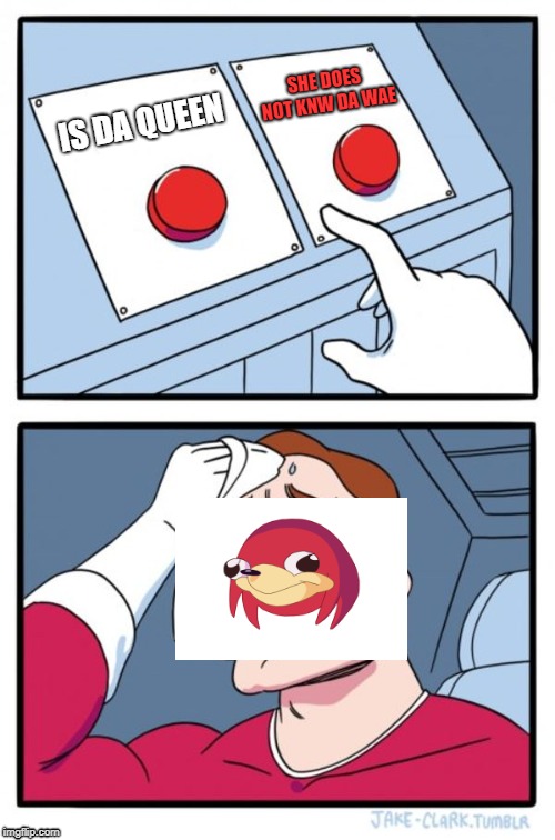 Two Buttons | SHE DOES NOT KNW DA WAE; IS DA QUEEN | image tagged in memes,two buttons | made w/ Imgflip meme maker