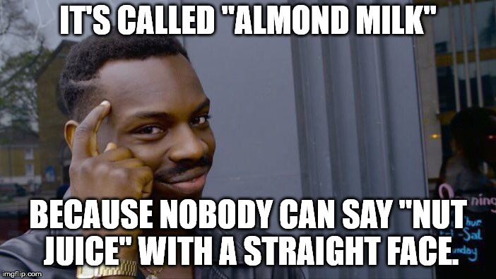 Roll Safe Think About It Meme | IT'S CALLED "ALMOND MILK"; BECAUSE NOBODY CAN SAY "NUT JUICE" WITH A STRAIGHT FACE. | image tagged in memes,roll safe think about it | made w/ Imgflip meme maker