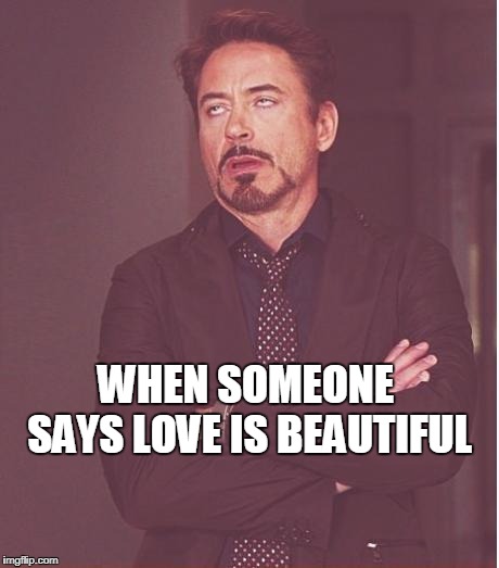 Face You Make Robert Downey Jr Meme | WHEN SOMEONE SAYS LOVE IS BEAUTIFUL | image tagged in memes,face you make robert downey jr | made w/ Imgflip meme maker