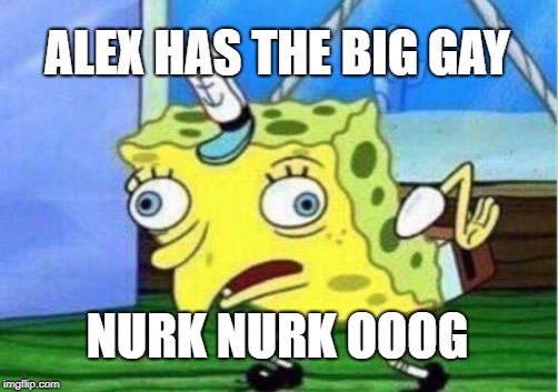 Mocking Spongebob Meme | ALEX HAS THE BIG GAY; NURK NURK OOOG | image tagged in memes,mocking spongebob | made w/ Imgflip meme maker