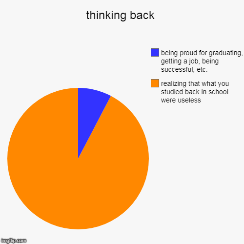 thinking back | realizing that what you studied back in school were useless, being proud for graduating, getting a job, being successful, et | image tagged in funny,pie charts | made w/ Imgflip chart maker