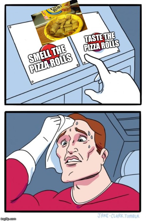 Two Buttons | TASTE THE PIZZA ROLLS; SMELL THE PIZZA ROLLS | image tagged in memes,two buttons | made w/ Imgflip meme maker