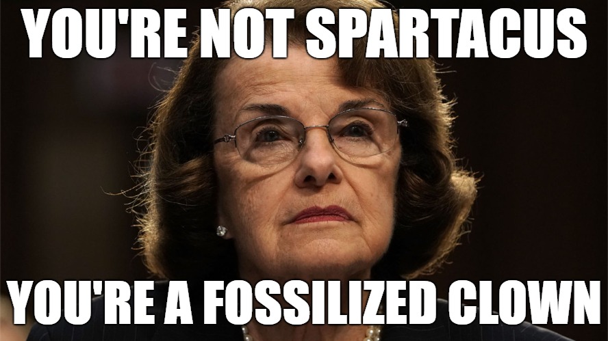 DiFi  | YOU'RE NOT SPARTACUS; YOU'RE A FOSSILIZED CLOWN | image tagged in i am spartacus,spartacus | made w/ Imgflip meme maker