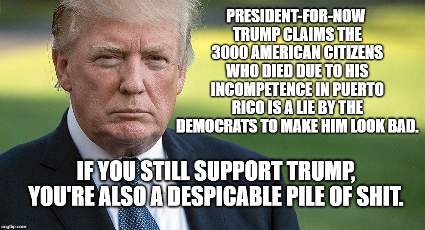You're truly despicable. | PRESIDENT-FOR-NOW TRUMP CLAIMS THE 3000 AMERICAN CITIZENS WHO DIED DUE TO HIS INCOMPETENCE IN PUERTO RICO IS A LIE BY THE DEMOCRATS TO MAKE HIM LOOK BAD. IF YOU STILL SUPPORT TRUMP, YOU'RE ALSO A DESPICABLE PILE OF SHIT. | image tagged in donald trump,puerto rico,hurricane,traitor,failure,liar | made w/ Imgflip meme maker