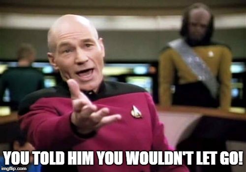 Picard Wtf Meme | YOU TOLD HIM YOU WOULDN'T LET GO! | image tagged in memes,picard wtf | made w/ Imgflip meme maker