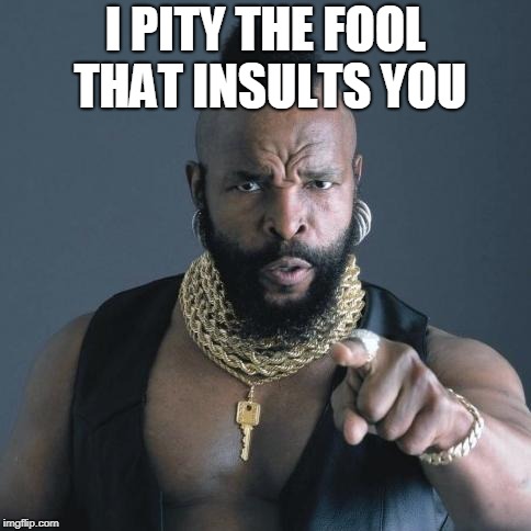 Mr. T | I PITY THE FOOL THAT INSULTS YOU | image tagged in mr t | made w/ Imgflip meme maker