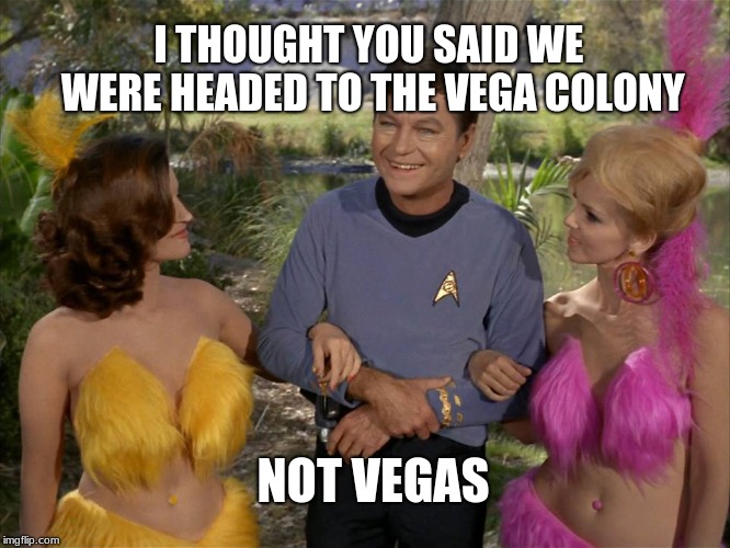  I THOUGHT YOU SAID WE WERE HEADED TO THE VEGA COLONY; NOT VEGAS | image tagged in star trek,bones mccoy | made w/ Imgflip meme maker