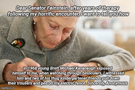 Dear Senator Feinstein, after years of therapy following my horrific encounter, I want to tell you how; in 1968 young Brett Michael Kavanaugh exposed himself to me, when watching through binoculars, I witnessed him and two of his thug kindergartener friends pull down their trousers and pee on my electric fence.
Sincerely, Anonymous | image tagged in scoop from anonymous source | made w/ Imgflip meme maker