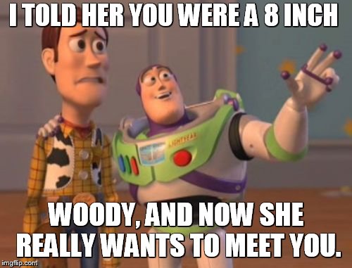 X, X Everywhere | I TOLD HER YOU WERE A 8 INCH; WOODY, AND NOW SHE REALLY WANTS TO MEET YOU. | image tagged in memes,x x everywhere | made w/ Imgflip meme maker