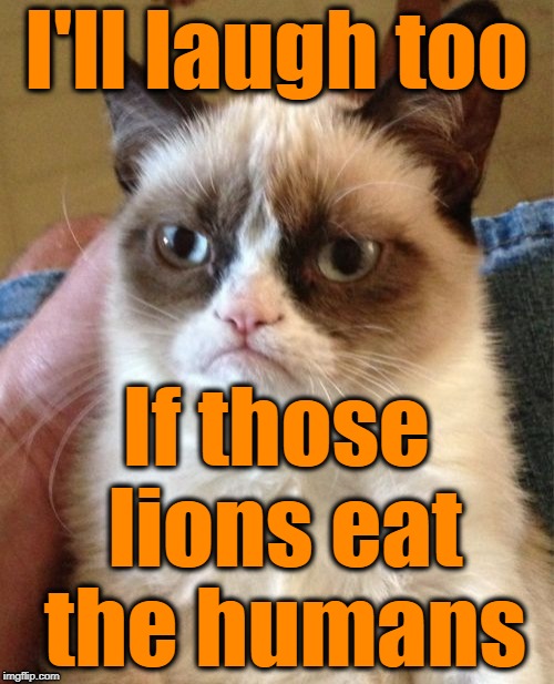 Grumpy Cat Meme | I'll laugh too If those lions eat the humans | image tagged in memes,grumpy cat | made w/ Imgflip meme maker