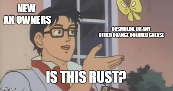 Is This a Pigeon | NEW AK OWNERS; COSMOLINE OR ANY OTHER ORANGE COLORED GREASE; IS THIS RUST? | image tagged in is this a pigeon | made w/ Imgflip meme maker