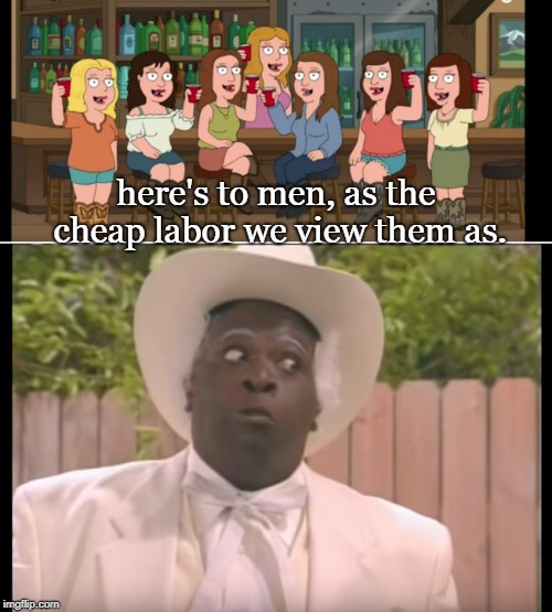 often women view men as just cheap labor. | here's to men, as the cheap labor we view them as. | image tagged in pink suit,mgtow,the system is rigged | made w/ Imgflip meme maker