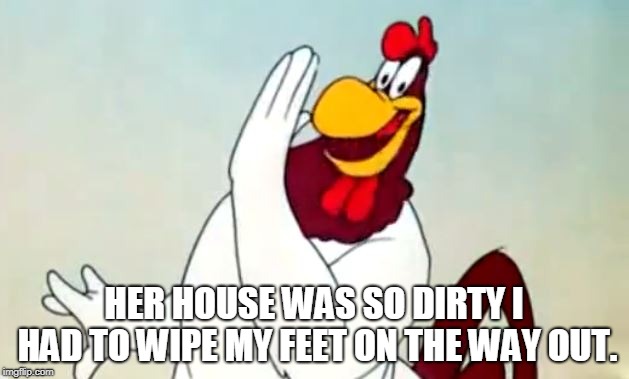 get off the smartphone  and do some house cleaning. please !! | HER HOUSE WAS SO DIRTY I HAD TO WIPE MY FEET ON THE WAY OUT. | image tagged in foghorn,millennials,aside chicken | made w/ Imgflip meme maker