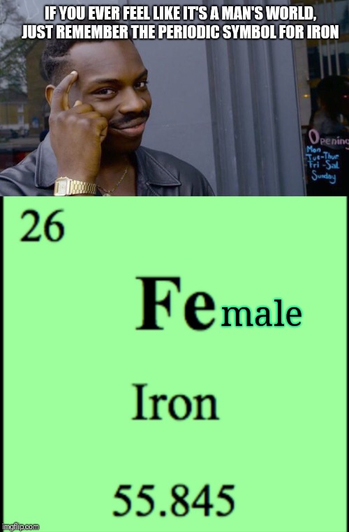Girls are the equivalent of Iron Man.  | IF YOU EVER FEEL LIKE IT'S A MAN'S WORLD, JUST REMEMBER THE PERIODIC SYMBOL FOR IRON; male | image tagged in girl power | made w/ Imgflip meme maker