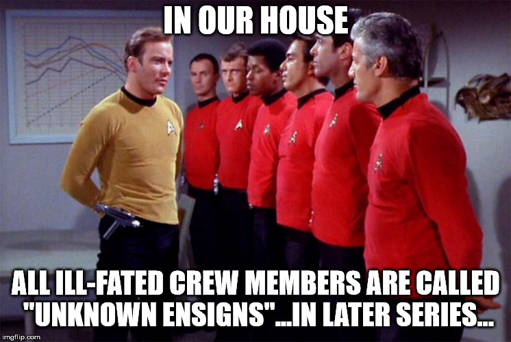 Red shirts | IN OUR HOUSE ALL ILL-FATED CREW MEMBERS ARE CALLED "UNKNOWN ENSIGNS"...IN LATER SERIES... | image tagged in red shirts | made w/ Imgflip meme maker