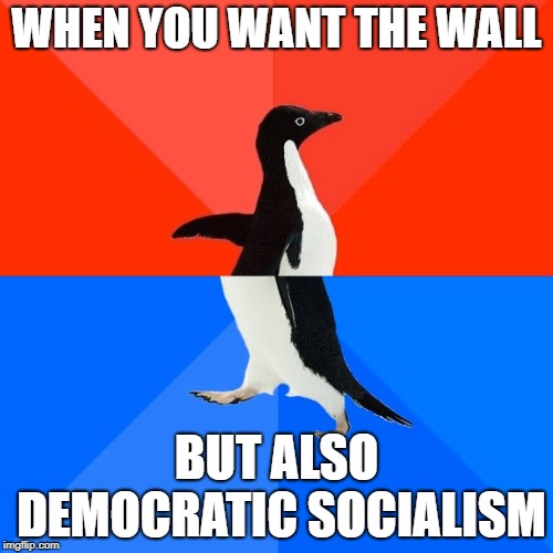 me irl | WHEN YOU WANT THE WALL; BUT ALSO DEMOCRATIC SOCIALISM | image tagged in memes,socially awesome awkward penguin | made w/ Imgflip meme maker