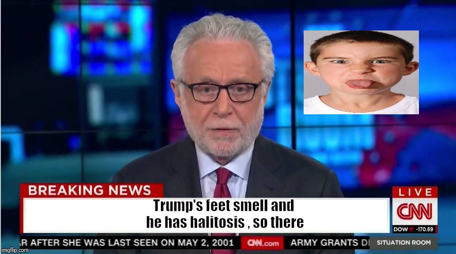 We're fresh out of facts , but we have childish insults |  Trump's feet smell and he has halitosis , so there | image tagged in cnn wolf of fake news fanfiction,children,donald trump,haters,stupid,italian hand gestures | made w/ Imgflip meme maker