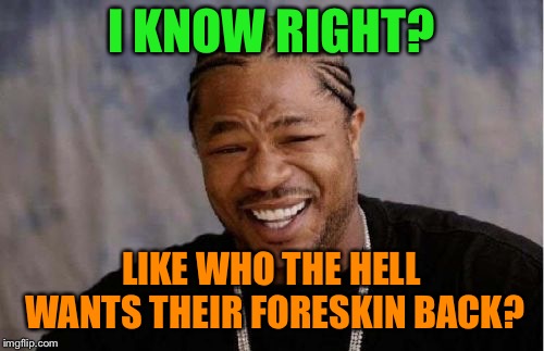 Yo Dawg Heard You Meme | I KNOW RIGHT? LIKE WHO THE HELL WANTS THEIR FORESKIN BACK? | image tagged in memes,yo dawg heard you | made w/ Imgflip meme maker