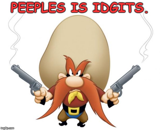 Yosemite Sam | PEEPLES IS IDGITS. | image tagged in yosemite sam | made w/ Imgflip meme maker