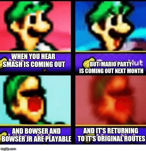 LUIGI NUT | BUT  MARIO PARTY IS COMING OUT NEXT MONTH; WHEN YOU HEAR SMASH IS COMING OUT; AND BOWSER AND BOWSER JR ARE PLAYABLE; AND IT'S RETURNING TO IT'S ORIGINAL ROUTES | image tagged in blank nut button | made w/ Imgflip meme maker