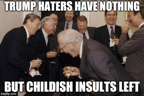 Laughing Men In Suits Meme | TRUMP HATERS HAVE NOTHING BUT CHILDISH INSULTS LEFT | image tagged in memes,laughing men in suits | made w/ Imgflip meme maker