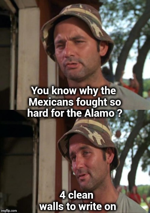 Bill Murray bad joke | You know why the Mexicans fought so hard for the Alamo ? 4 clean walls to write on | image tagged in bill murray bad joke | made w/ Imgflip meme maker