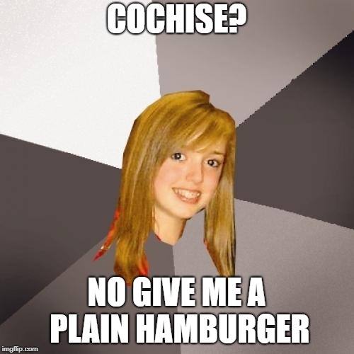 Musically Oblivious 8th Grader Meme | COCHISE? NO GIVE ME A PLAIN HAMBURGER | image tagged in memes,musically oblivious 8th grader | made w/ Imgflip meme maker