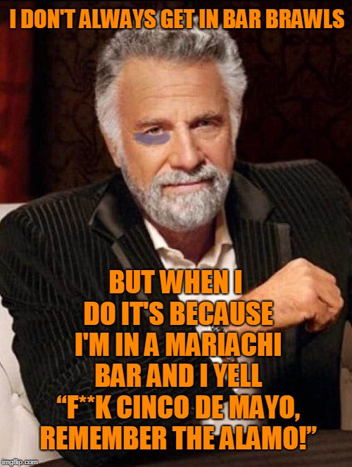 I DON'T ALWAYS GET IN BAR BRAWLS BUT WHEN I DO IT'S BECAUSE I'M IN A MARIACHI BAR AND I YELL “F**K CINCO DE MAYO, REMEMBER THE ALAMO!” | made w/ Imgflip meme maker