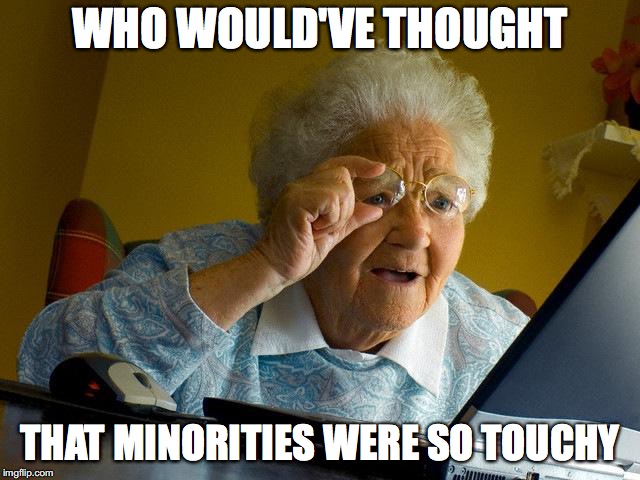 Grandma Finds The Internet Meme | WHO WOULD'VE THOUGHT THAT MINORITIES WERE SO TOUCHY | image tagged in memes,grandma finds the internet | made w/ Imgflip meme maker