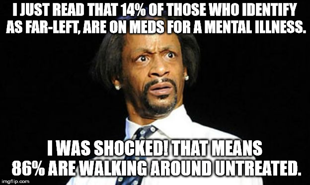 Shocked Katt Williams | I JUST READ THAT 14% OF THOSE WHO IDENTIFY AS FAR-LEFT, ARE ON MEDS FOR A MENTAL ILLNESS. I WAS SHOCKED! THAT MEANS 86% ARE WALKING AROUND UNTREATED. | image tagged in shocked katt williams | made w/ Imgflip meme maker