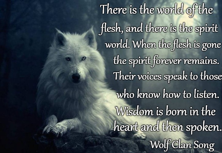 Wolf Clan Song | There is the world of the; flesh, and there is the spirit; world. When the flesh is gone; the spirit forever remains. Their voices speak to those; who know how to listen. Wisdom is born in the; heart and then spoken. Wolf Clan Song | image tagged in native american,native americans,indians,chief,indian chiefs,tribe | made w/ Imgflip meme maker