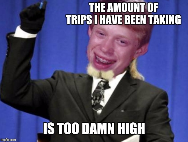 Bad luck brian | THE AMOUNT OF TRIPS I HAVE BEEN TAKING IS TOO DAMN HIGH | image tagged in bad luck brian | made w/ Imgflip meme maker