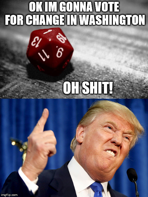 America Rolls a Natural 1 | OK IM GONNA VOTE FOR CHANGE IN WASHINGTON; OH SHIT! | image tagged in trump,natural1,biggest mistake in american history | made w/ Imgflip meme maker