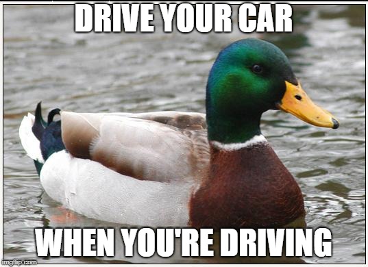 Motto of Danish safety campaign - because 1/3 of all fatal accidents are caused by lack of concentration | DRIVE YOUR CAR; WHEN YOU'RE DRIVING | image tagged in memes,actual advice mallard | made w/ Imgflip meme maker