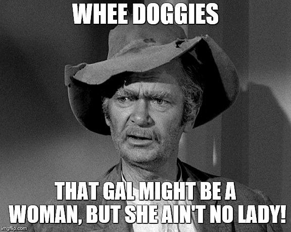 Jed Clampett | WHEE DOGGIES THAT GAL MIGHT BE A WOMAN, BUT SHE AIN'T NO LADY! | image tagged in jed clampett | made w/ Imgflip meme maker