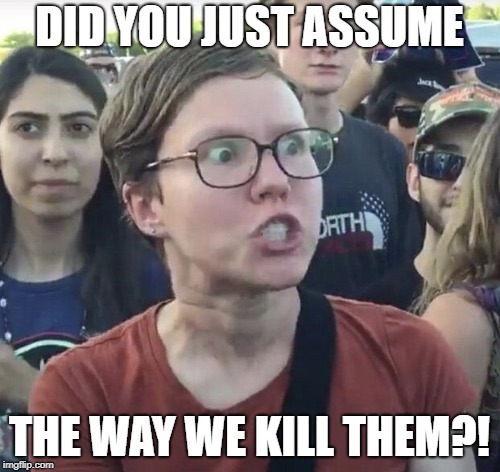 Triggered feminist | DID YOU JUST ASSUME THE WAY WE KILL THEM?! | image tagged in triggered feminist | made w/ Imgflip meme maker