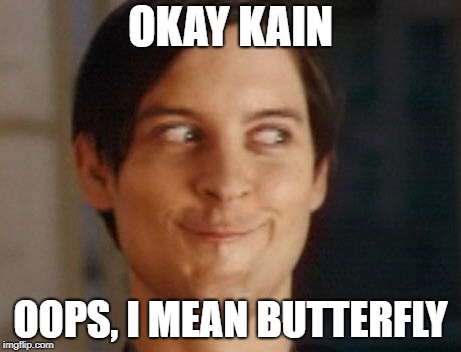 Spiderman Peter Parker Meme | OKAY KAIN OOPS, I MEAN BUTTERFLY | image tagged in memes,spiderman peter parker | made w/ Imgflip meme maker