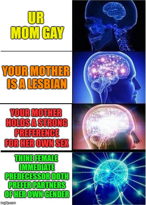 Expanding Brain Meme | UR MOM GAY; YOUR MOTHER IS A LESBIAN; YOUR MOTHER HOLDS A STRONG PREFERENCE FOR HER OWN SEX; THINE FEMALE IMMEDIATE PREDECESSOR DOTH PREFER PARTNERS OF HER OWN GENDER | image tagged in memes,expanding brain | made w/ Imgflip meme maker