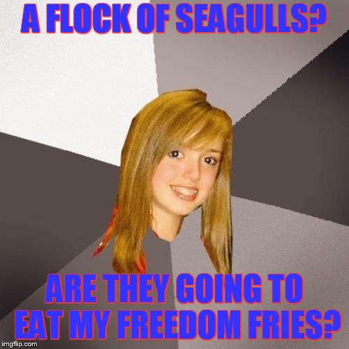 Musically Oblivious 8th Grader Meme | A FLOCK OF SEAGULLS? ARE THEY GOING TO EAT MY FREEDOM FRIES? | image tagged in memes,musically oblivious 8th grader | made w/ Imgflip meme maker