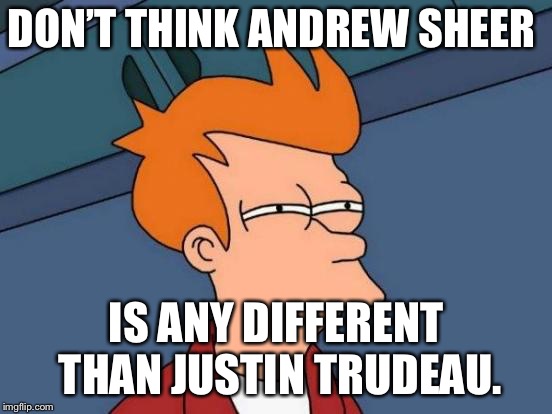 Futurama Fry Meme | DON’T THINK ANDREW SHEER; IS ANY DIFFERENT THAN JUSTIN TRUDEAU. | image tagged in memes,futurama fry | made w/ Imgflip meme maker