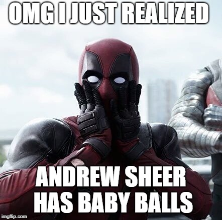 Deadpool Surprised | OMG I JUST REALIZED; ANDREW SHEER HAS BABY BALLS | image tagged in memes,deadpool surprised | made w/ Imgflip meme maker