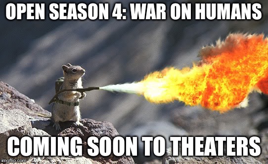 Wouldn’t you wish you seen this movie? | OPEN SEASON 4: WAR ON HUMANS; COMING SOON TO THEATERS | image tagged in squirrel with flamethrower,memes,open season | made w/ Imgflip meme maker