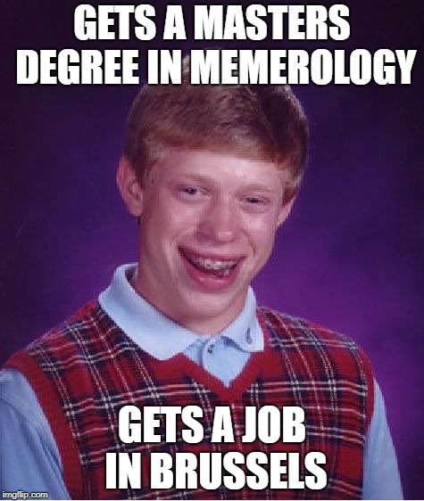Bad Luck Brian | GETS A MASTERS DEGREE IN MEMEROLOGY; GETS A JOB IN BRUSSELS | image tagged in memes,bad luck brian | made w/ Imgflip meme maker