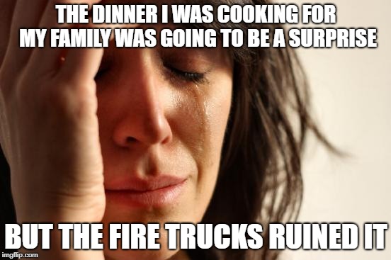 First World Problems Meme | THE DINNER I WAS COOKING FOR MY FAMILY WAS GOING TO BE A SURPRISE; BUT THE FIRE TRUCKS RUINED IT | image tagged in memes,first world problems,cooking | made w/ Imgflip meme maker