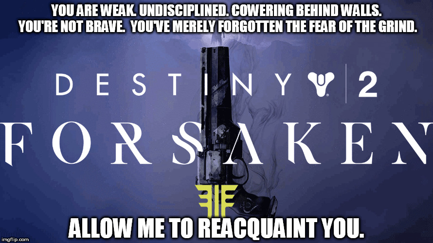 The Grind Is Real | YOU ARE WEAK. UNDISCIPLINED. COWERING BEHIND WALLS. 
YOU'RE NOT BRAVE. 
YOU'VE MERELY FORGOTTEN THE FEAR OF THE GRIND. ALLOW ME TO REACQUAINT YOU. | image tagged in destiny 2 | made w/ Imgflip meme maker